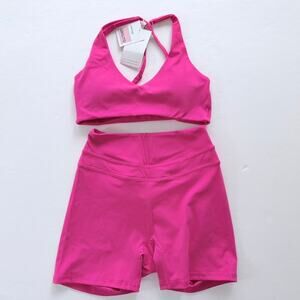 2pc Bra Top Biker Shorts Set Hot Pink Matching Athleisure Yoga Gym Pilates NEW